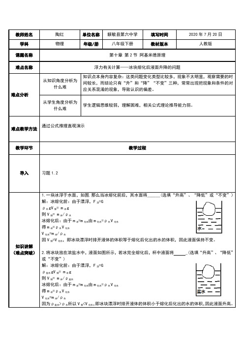 浮力——冰块熔化后液面升降的问题 初中八年级下册物理教案教学设计课后反思人教版