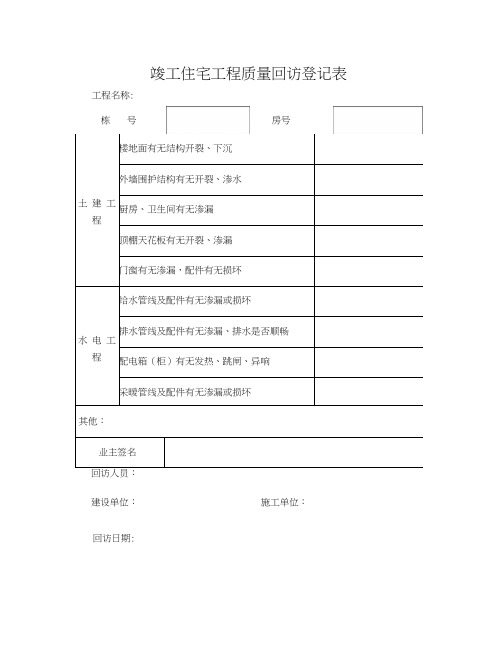 竣工住宅工程质量回访登记表