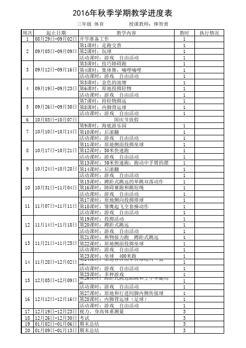 2016年9月三年级上册体育教学进度表