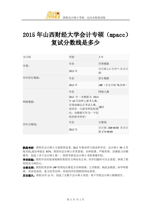 2015年山西财经大学会计专硕(mpacc)复试分数线是多少