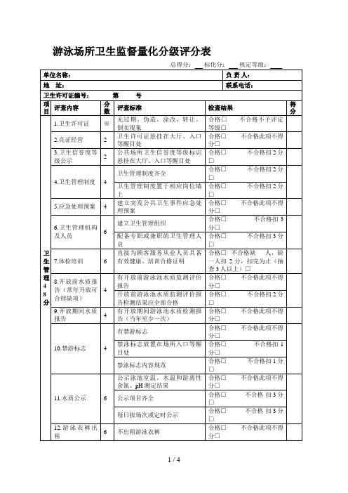 游泳场所卫生监督量化分级评分表