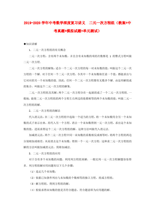 2019-2020学年中考数学深度复习讲义  二元一次方程组(教案+中考真题+模拟试题+单元测试).doc