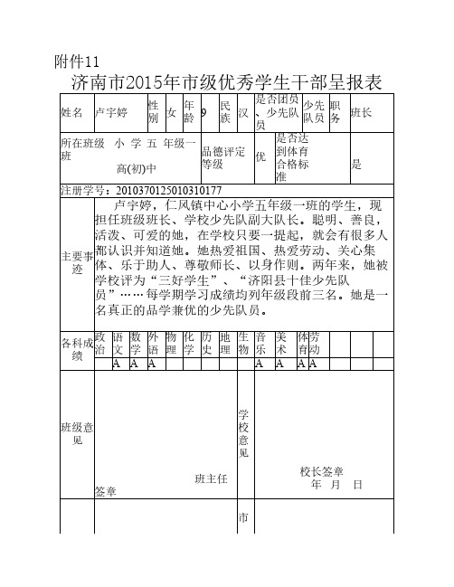 卢宇婷2015年市级优秀学生干部