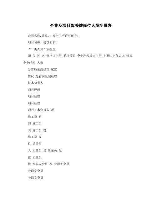 企业及项目部关键岗位人员配置表