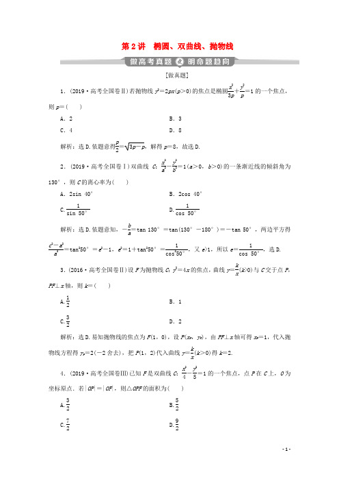 新课标2020版高考数学二轮复习专题五解析几何第2讲椭圆双曲线抛物线学案文新人教A版20191121559