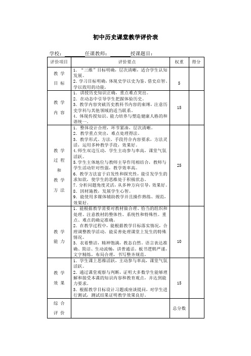 初中历史教学评价表