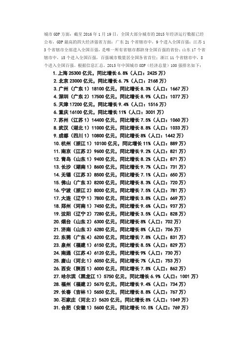 2015年中国城市GDP(经济总量)100强