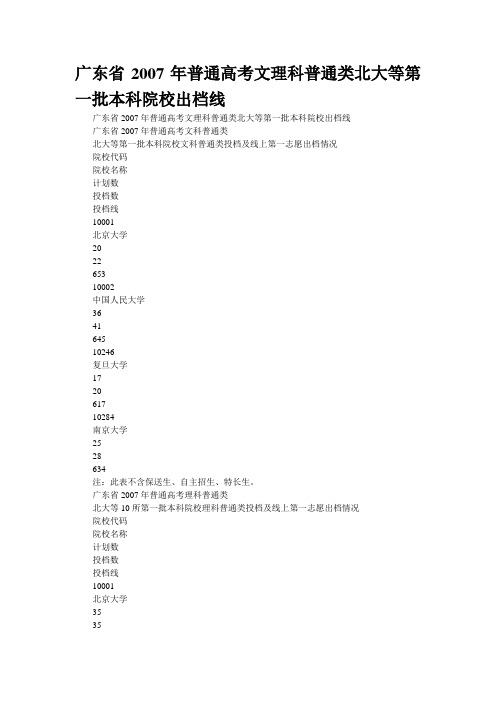 广东省2007年普通高考文理科普通类北大等第一批本科院校出档线
