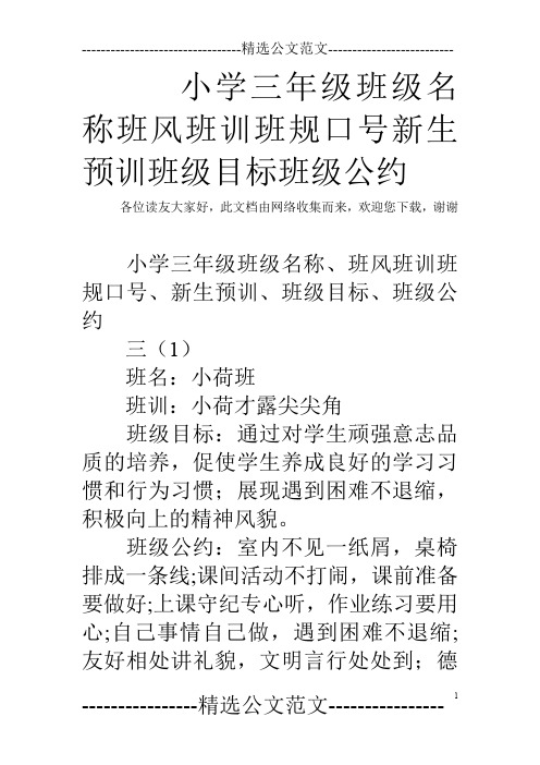 小学三年级班级名称班风班训班规口号新生预训班级目标班级公约