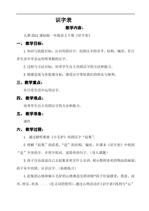 部编版小学语文一年级下册识字表-省级优质课 教学设计
