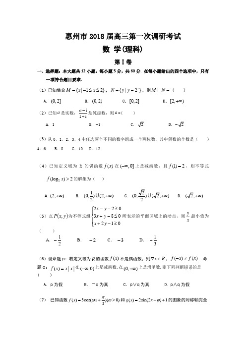 广东省惠州市2018届高三第一次调研考试数学(理)试题 Word版含解析