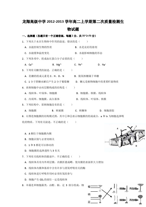 浙江省瑞安市龙翔高级中学2012-2013学年高二上学期第二次质量检测生物试题 Word版含答案