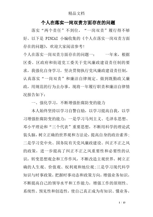 个人在落实一岗双责方面存在的问题