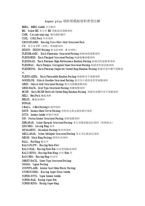 Aspenplus填料塔模拟填料类型注解