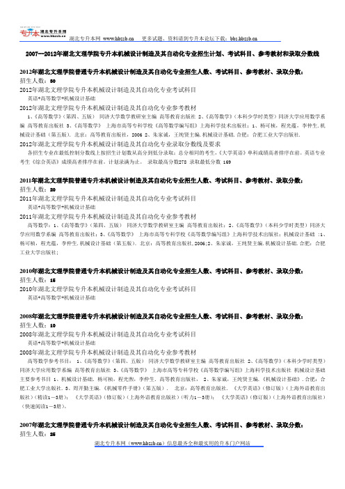 2007--2012年湖北文理学院专升本机械设计制造及其自动化专业招生计划、考试科目、参考教材和录取分数线