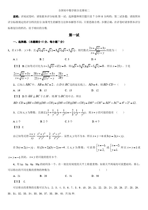 2021年全国初中数学联合竞赛初二年级试题及参考答案