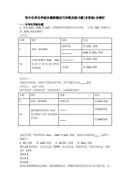 初中化学化学综合题解题技巧讲解及练习题(含答案)含解析