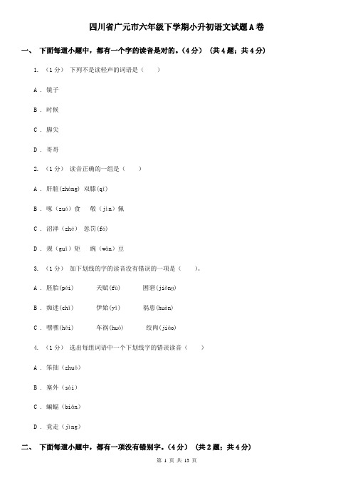 四川省广元市六年级下学期小升初语文试题A卷