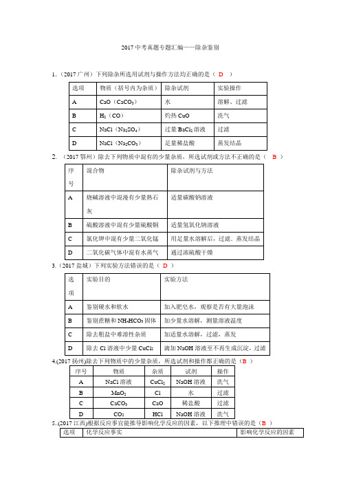 2017中考化学真题专题汇编——除杂鉴别