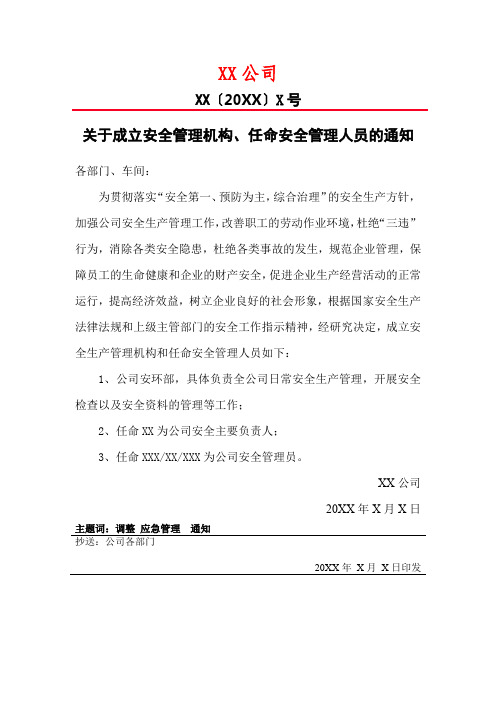 关于成立安全管理机构、任命安全管理人员的通知