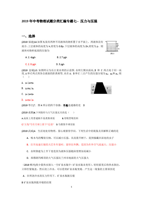 2019年中考物理试题分类汇编专题7  压力与压强