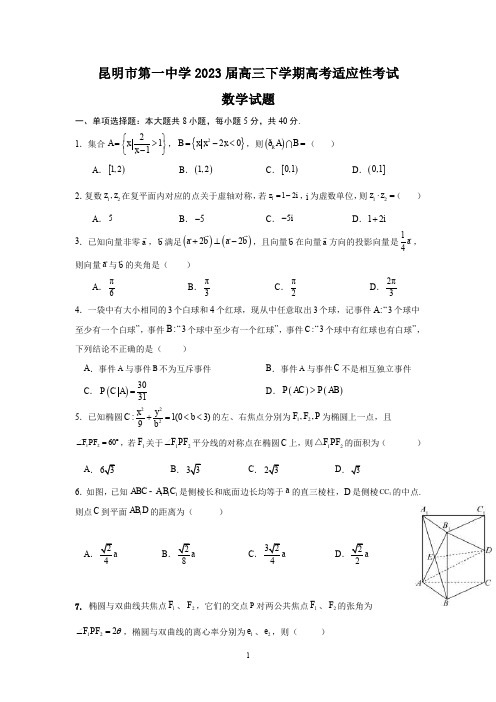 2023届云南省昆明市第一中学高三下学期高考适应性考试数学试题(PDF版)