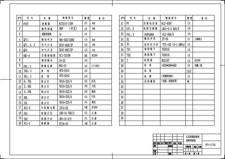 某自来水厂恒压供水全套图纸 材料明细表
