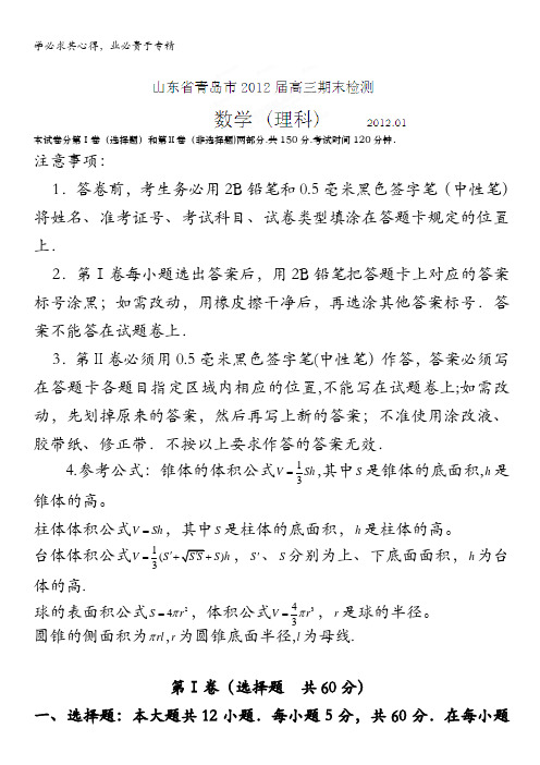 精品解析：山东省青岛市2012届高三上学期期末检测数学(理)试题解析(学生版)