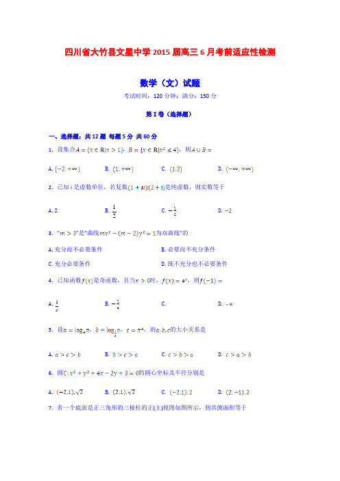 四川达州大竹县文星中学2015届高三6月考前适应性检测数学(文)试题 (Word版含答案)