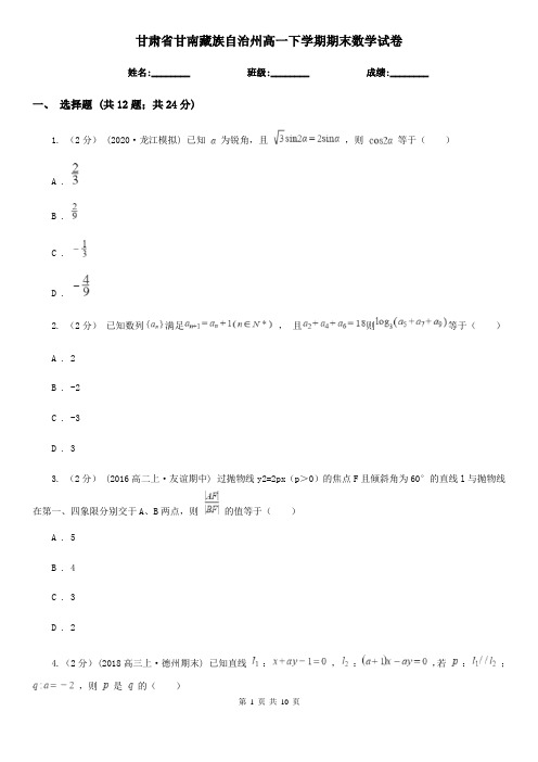甘肃省甘南藏族自治州高一下学期期末数学试卷