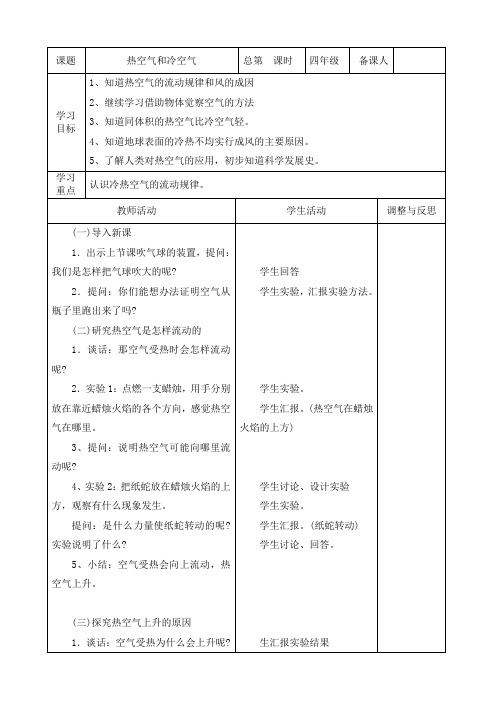 四年级上册科学教案 热空气和冷空气苏教版 82