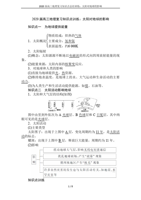 2020届高三地理复习知识点总结训练：太阳对地球的影响