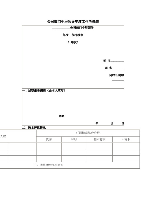 公司部门中层领导年度工作考核表模板