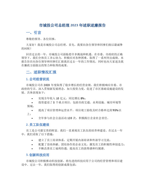 市城投公司总经理2023年述职述廉报告