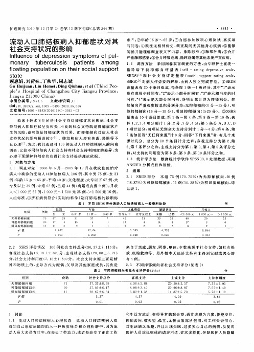 流动人口肺结核病人抑郁症状对其社会支持状况的影响