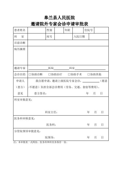 邀请院外专家会诊申请审批表