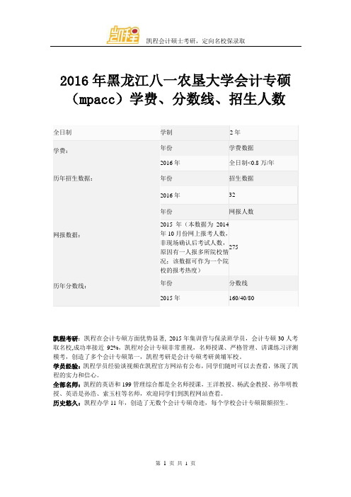 2016年黑龙江八一农垦大学会计专硕(mpacc)学费、分数线、招生人数