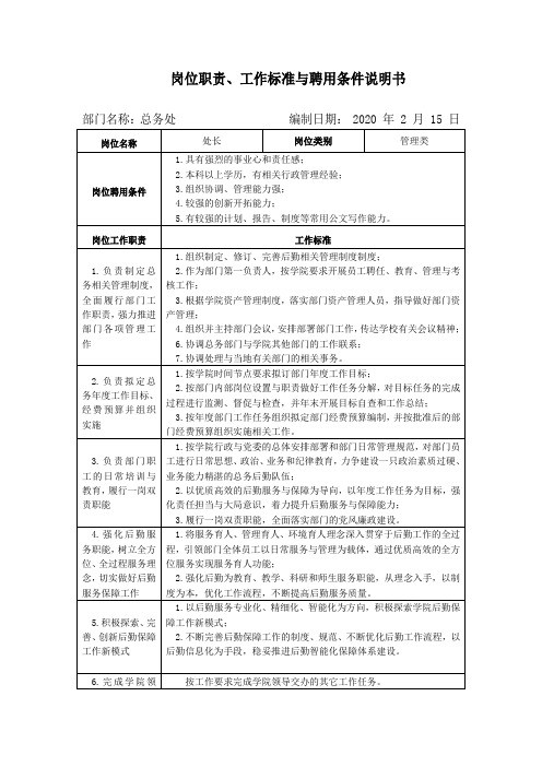 总务处各岗位职责、工作标准与聘用条件说明书
