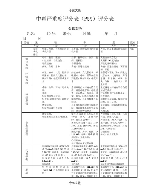中毒严重度评分表(PSS)评分表之令狐文艳创作