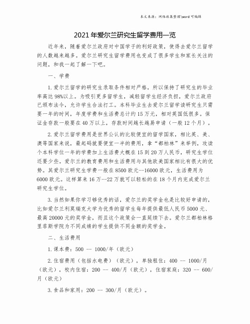 2021年爱尔兰研究生留学费用一览.doc