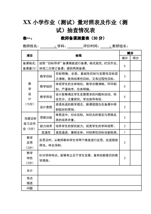XX小学作业(测试)量对照表及作业(测试)抽查情况表