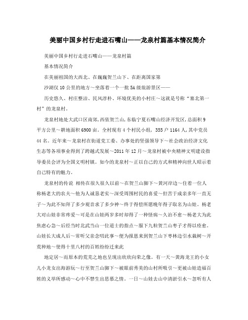 美丽中国乡村行走进石嘴山——龙泉村篇基本情况简介