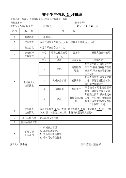 安全生产信息月报表3月份