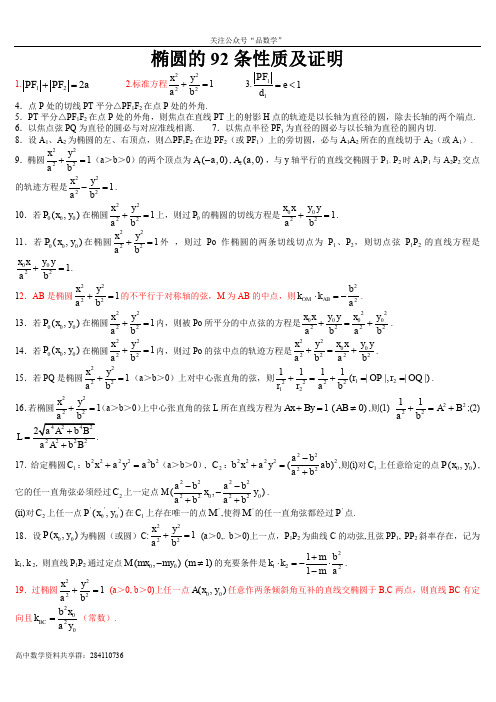 椭圆性质大全(92条-含证明)