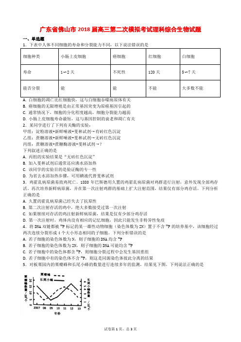 广东省佛山市2018届高三第二次模拟考试理科综合生物试题
