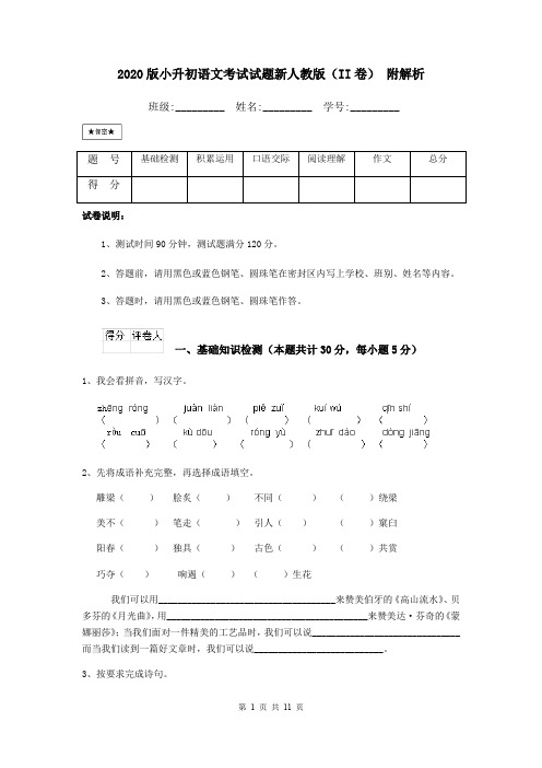 2020版小升初语文考试试题新人教版(II卷) 附解析