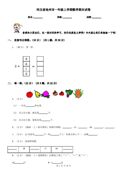 河北省沧州市一年级 上学期数学期末试卷