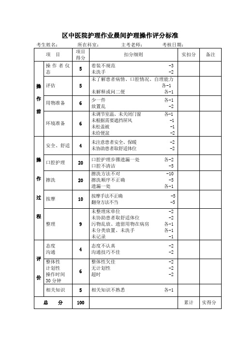 区中医院护理作业晨间护理操作评分标准