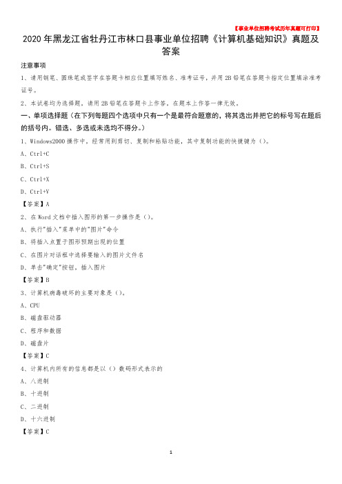 2020年黑龙江省牡丹江市林口县事业单位招聘《计算机基础知识》真题及答案