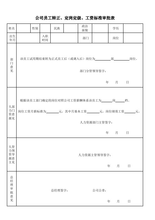 公司员工转正 定岗定级 工资标准审批表